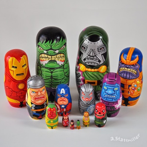geek-art:  ‪#‎geekart‬ Amazing pop culture Matryoshka Dolls by Andy Stattmiller ! More here http://www.geek-art.net/andy-stattmiller-pop-culture-nesting-dolls/