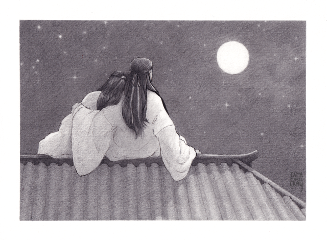 Ink and graphite drawing of the Twin Jades sitting on a moonlit rooftop, Lan Xichen's arm around his brother.