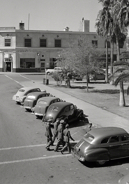 librar-y: March 1943. Needles, California. General view of street leading to depot of the Atchison, 