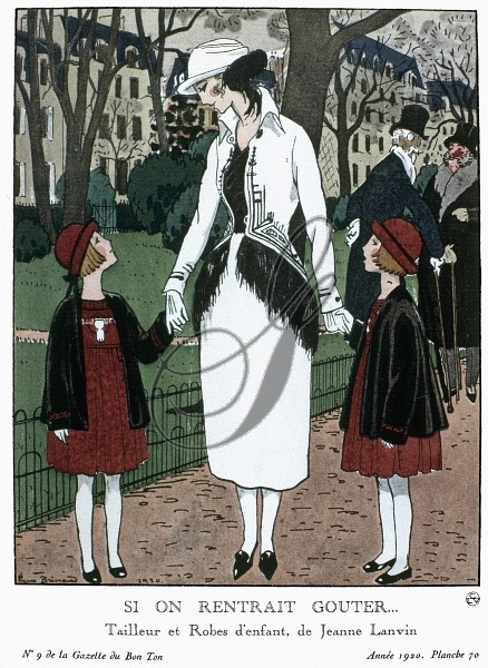 A woman and two schoolgirls wearing fashions by Jeanne Lanvin. Fashion plate by Pierre Brissaud for 