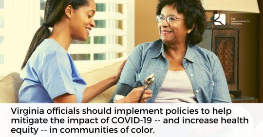 A woman sits and speaks with a medical professional.  Caption: Virginia officials should implement policies to help mitigate the impact of COVID-19 -- and increase health equity -- in communities of color.