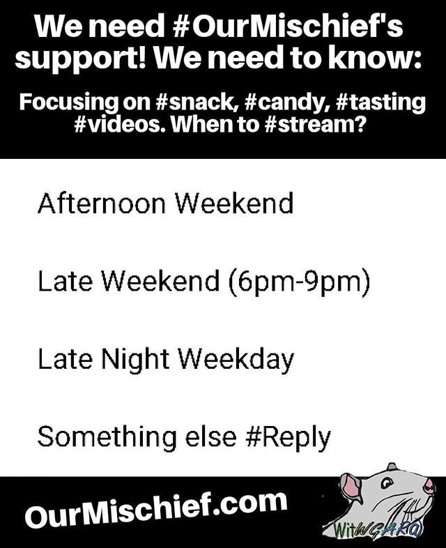 We need #OurMischief’s support! #weneedtoknow:
Focusing on #snack, #candy, #tasting #videos. When to #stream?
Please Vote - twitter.com/WitWGARA/status/1206998961950621697?s=19
#ThankYou for being #OurMischief
https://ift.tt/35ALLIA
December 17, 2019...