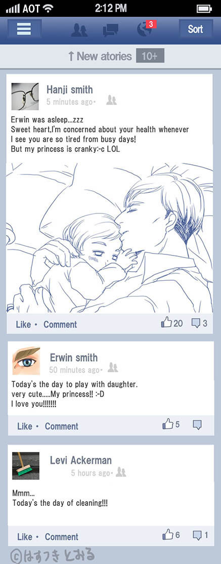 hasutsuki-toru:  attack on titan, eruhan(erwinxhanji)+baby Facebook parody.Happy