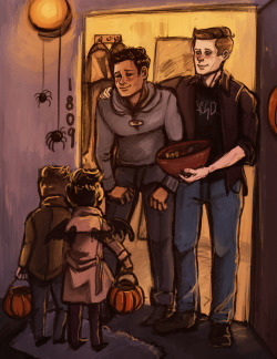 cuddlydeans:  “Who— who are you guys dressed up as, again?”“Dean! He’s so awesome.”“And Cafftiel. From Cafver Edlund’s books. My mom likes them.”“Yeah! I wanted to go as Batman, but I guess Dean’s just as cool.”“Ha. Just as cool