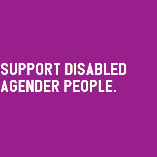 [Image Description: A purple color block with text that reads “support disabled agender people