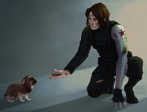 kayaczek:I got commissioned to draw Bucky feeding a rabbit! :D the idea was both of them looking slightly unsure about t