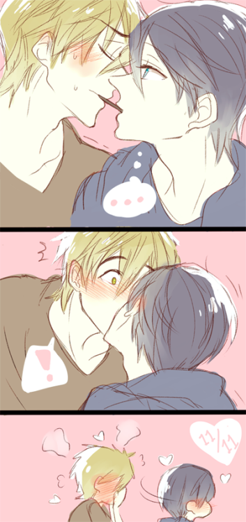 shotas:  drawn for pocky day (11/11) but i forgot to post it here makoto initiated the pocky game but couldn’t finish, and haru was tired of wating so he did it for him 