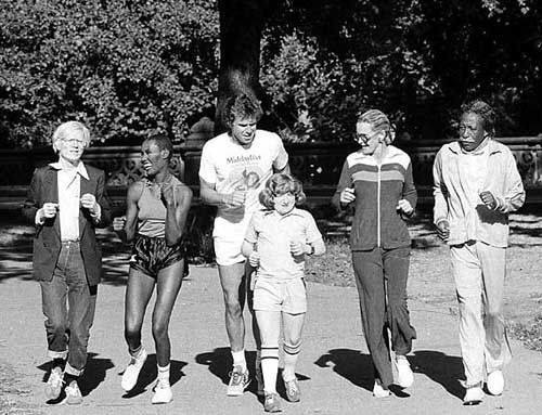Andy Warhol, Grace Jones, Bill Boggs, Mason Reese, Dina Merrill and Gordon Parks jog through New York’s Central Park, 1978.