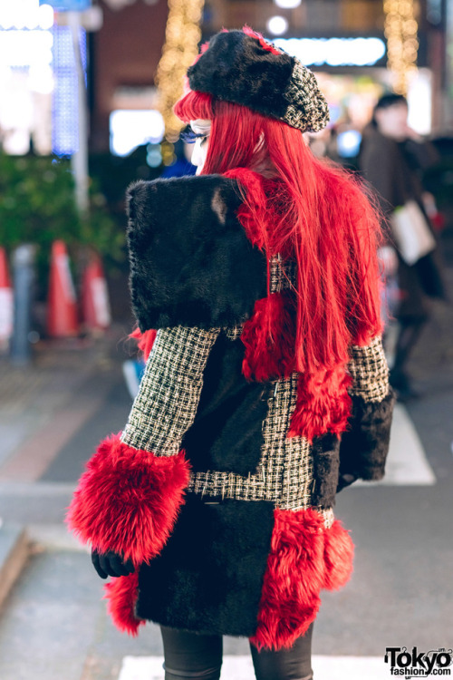 Japanese shironuri artist Minori on the street in Harajuku wearing handmade, remake, and vintage fas