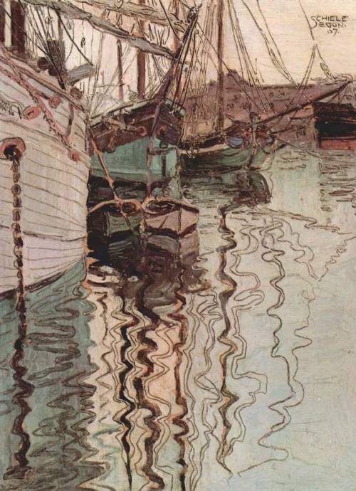 Segelschiffe im wellenbewegtem Wasser (Der Hafen von Triest), 1907Egon Schiele Medium: cardboard and