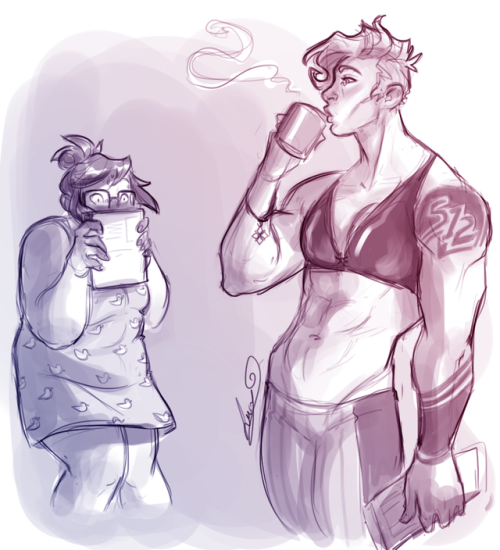 lucydoesart:Overwatch morningsNo request but I wanted to draw Zarya’s kickass body …and Mei wanted t