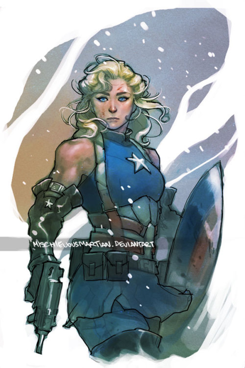 absentlyabbie: kidnotoriouswashere: arkhane: Lady Captain America and Lady Thor Art by Yasmine Putri