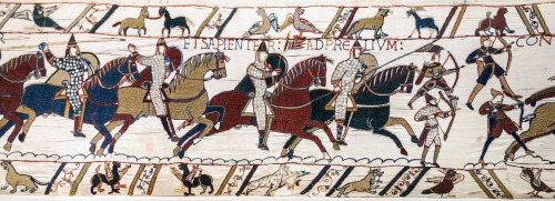 Bayeux Tapestry, depicting the Battle of Hastings, 12th century. Embroidery on linen, 70m (230 ft) l