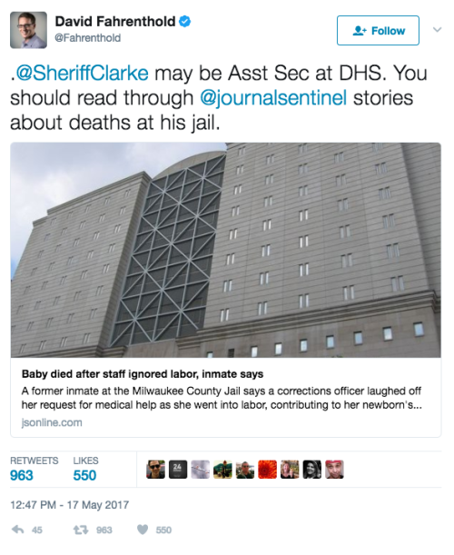 mediamattersforamerica:Trump just tapped Fox favorite David Clarke for a federal position in the Dept. of Homeland Security. Meanwhile, people are dying in his jails and he’s nowhere to be found.