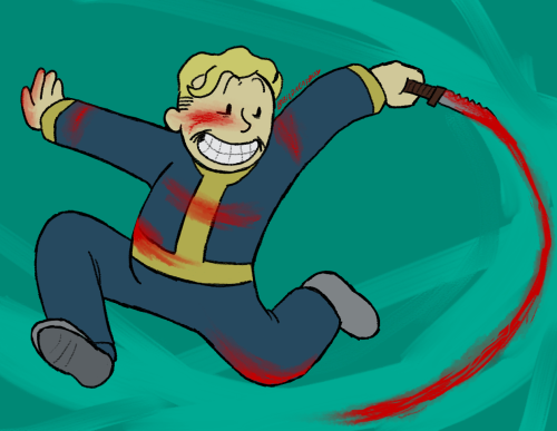 ginghamcheckers:VAULT BOY KILL!!!!!!!!!!!!!!!!!!!!!!!!!!!![ID: A drawing of Vault boy covered in blo