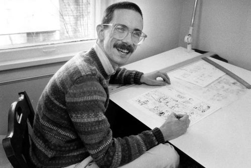blondebrainpower:Bill Watterson at His Drafting Table with Art for Calvin and Hobbes