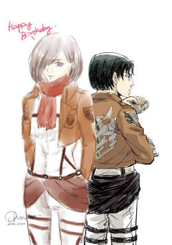 oliviamika:  my gift for Levi’s birthday and Christmas!!!   (✿✪‿✪｡)ﾉ I did it with @Vitamin-诗  together~my mikasa said “happy birthday”  to her levi and her mikasa to my levi~it’s so sweet.  We talk about the idea in September