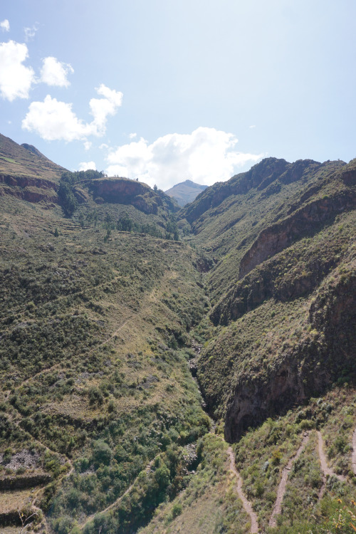 Pisac hike through the archeological site near the town of Pisac in the Sacred Valley, Peru