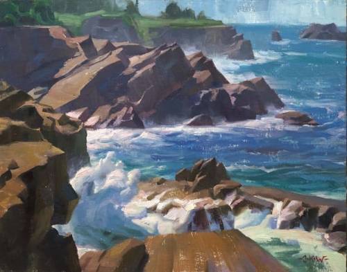 “Shore Acres” 11" x 14" oil on linen panel, 2021 Sharp sandstone cliffs jutt o