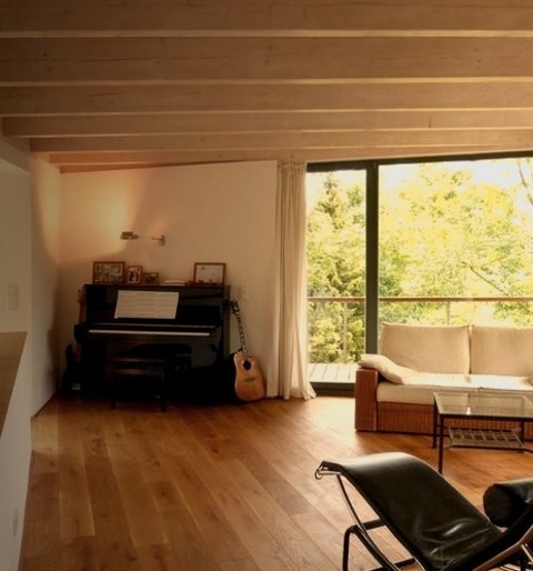 Music Room HanoverMid-sized Trendy Open Concept Medium Tone Wood Floor Living Room Photo With A Music
