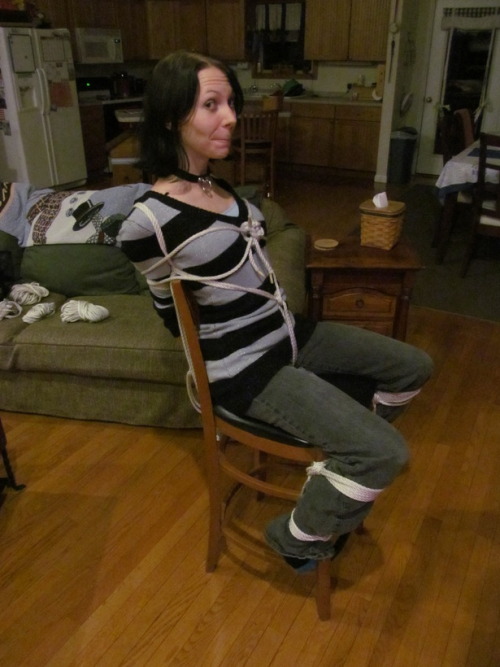 ropeandthings:Sparky tied by ForestWolfDragon (Deviantart)