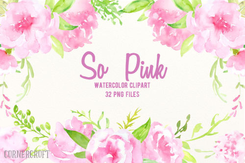 Watercolor Clip Art So Pink By Cornercroft29 individual elements, 300dpi, png with transparent backg