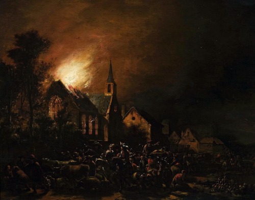 aqua-regia009:Fire of a church with staffage and cattle(1658)by Egbert van der Poel