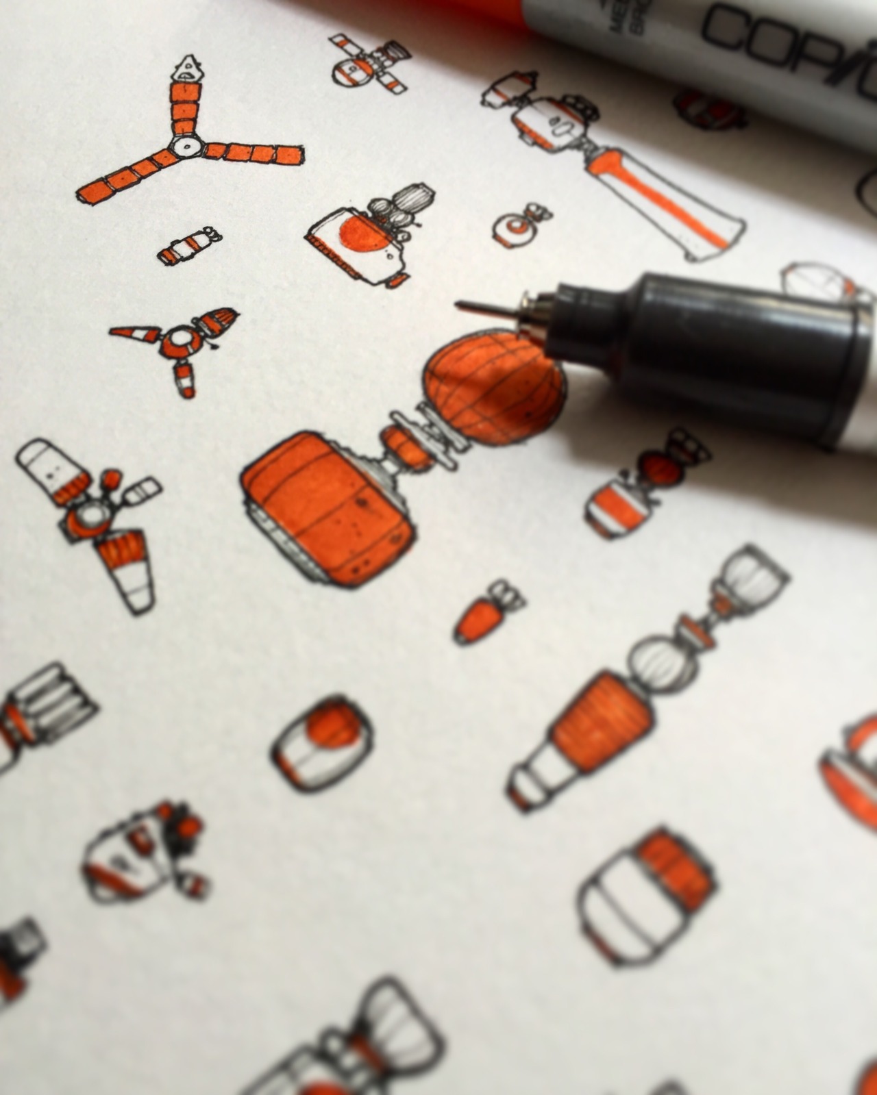 thisnorthernboy:  Tiny orange spaceships.   Still going with this.  More of my work