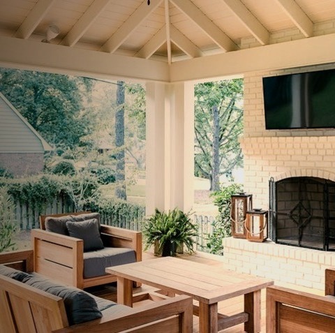 Large Elegant Backyard Patio Kitchen Photo With A Roof Extension A Large, Elegant Image Of A Backyard