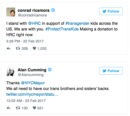 mresundance: micdotcom: Celebrities are slamming Trump for lifting federal protection for transgender students This. This is when you know you are winning the war. Because you have the support of people who have a strong voice in our culture, people who