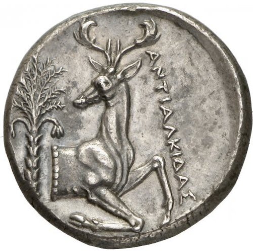 archaicwonder:  Bee Coin From Ephesos, Ionia, C. 390-325 BCA silver tetradrachm. Obverse: Magistrate Antialkidas. E-Φ , bee with straight wings. Reverse: ANTIAΛKIΔAΣ, forepart of a stag to right, its head turned back to face left, a palm-tree on left.