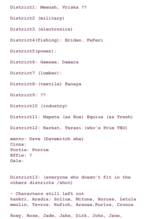 wheeze oK more HGstuck talk and also some replies haha after this one most roles should be settled   I’m gomen because I really liked the Karkatniss/Nepeeta names joke and roles but Tz as Katniss and KK as Peeta got more votes so Karezi it is aw