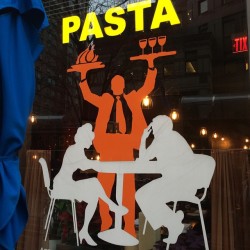 meganphntmgrl:  benwarheit:  Things I like about this decal on a restaurant window: -the insane orange waiter -that he’s carrying his plates in the air like a strongman -the couple looks like this isn’t the first time he’s done this, but it’s