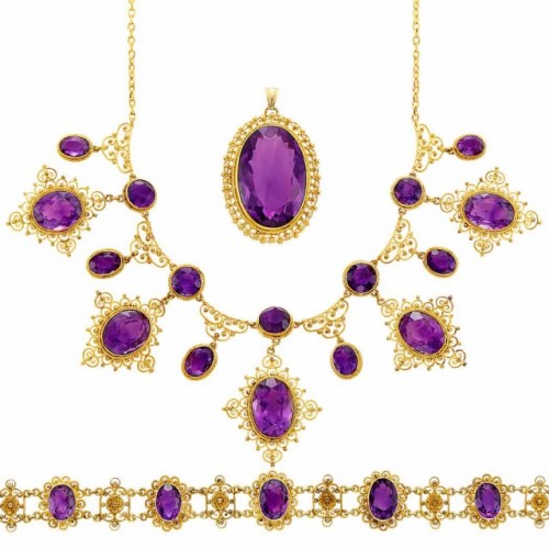 Amethyst and gold filigree demi-parure (at Doyle)