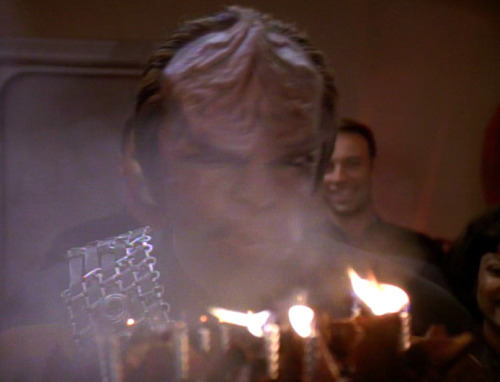 startrekhugs: [Image: Everyone except Worf enjoying Worf’s birthday party. From Parallels. Ima