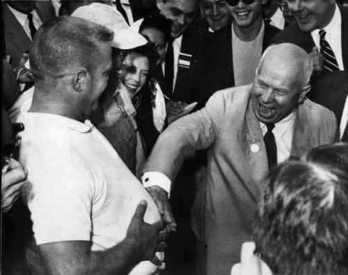 Soviet leader Nikita Khrushchev pats a man’s belly for some reason during his visit to Iowa in 1959.