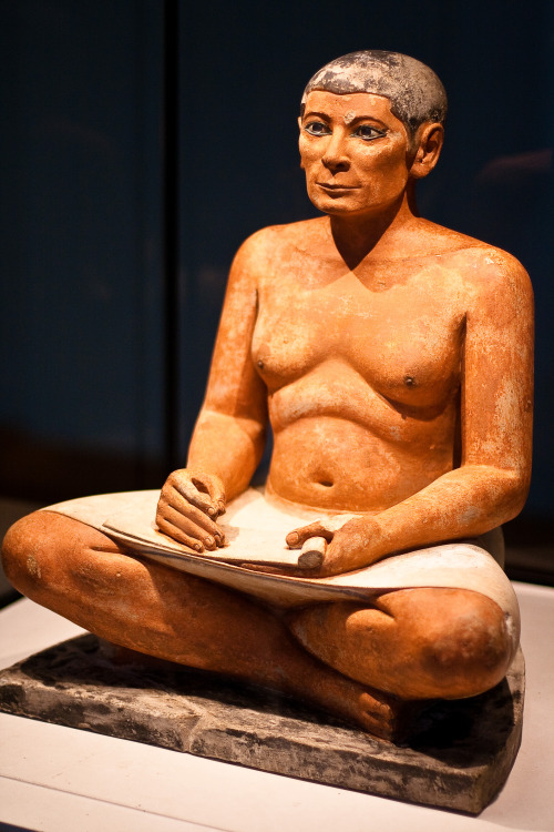 Seated Scribe, Saqqara, Egypt. 2500 BCE. Old Kingdom. measures 1’ 9". made of painted lim