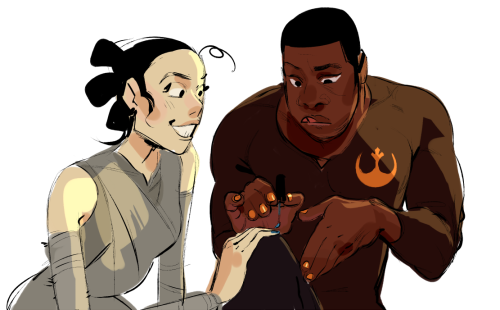 shacklefunk:  ok so somebody said “poe n finn painting each others nails’ and my train of thought led to THIS somehow poe teaches finn how 2 paint his nails (poe’s not rly into it he spends too much time getting his hands dirty anyway so even if