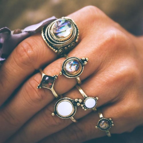 keendazebeard:Vintage Finger Ring Starry Gem Leaves Flower Butterfly Knuckle Rings Set Fashion Jewel