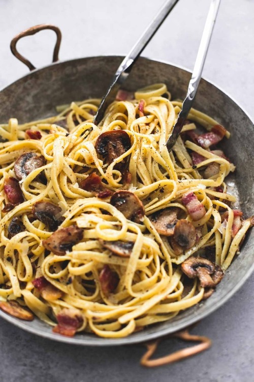 prettypasta:Parmesan Bacon Mushroom Fettuccine