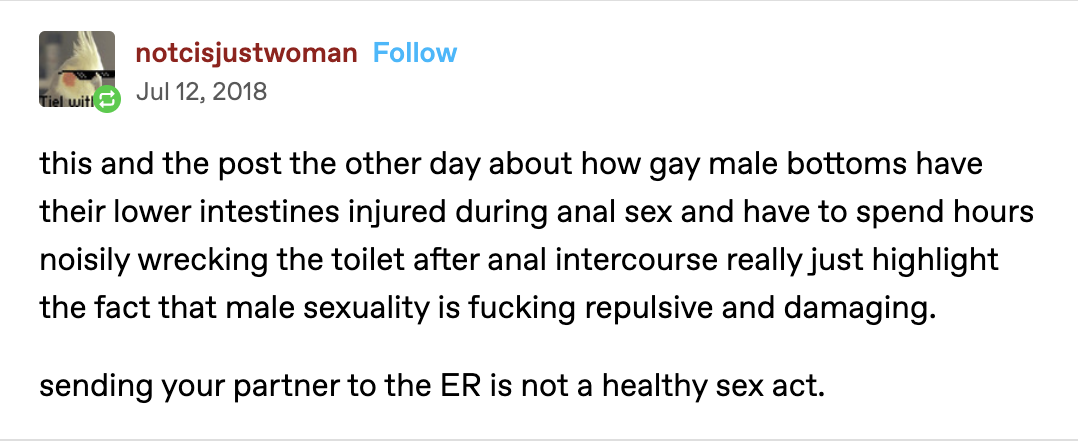 not cis just woman says: this and the post the other day about how gay male bottoms have their lower intestines injured during anal sex and have to spend hours noisily wrecking the toilet after anal intercourse really just highlight the fact that male sexuality is fucking repulsive and damaging. sending your partner to the ER is not a healthy sex act.