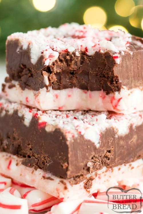 foodffs: Candy Cane Fudge has a white chocolate peppermint layer on the bottom, a creamy fudge 