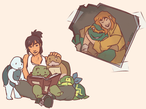 Digital drawing of Casey Marie and the four tiny turtles Uno, Yi, Moja and Odyn. They are looking at a photo album. Next to them you can see a slightly damaged picture of April and Mikey smiling.