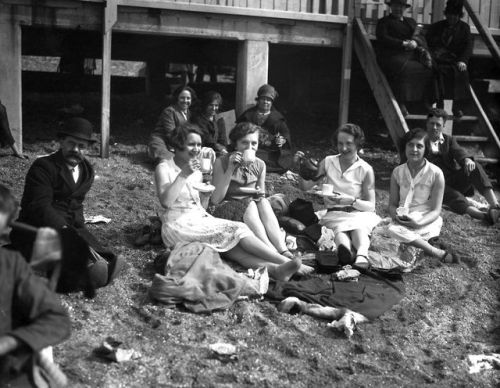 a beach scene at an Easter Bank Holiday in Southend, circa 1927