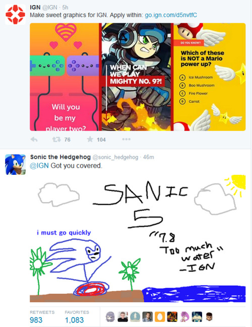 sonicthehedgehog:  Tumblr, what do you think? We’re pretty sure IGN will love it.  