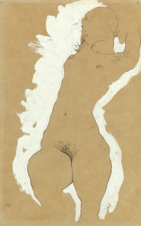 dappledwithshadow:Egon SchieleFEMALE NUDE WITH WHITE BORDER1911Gouache and pencil on paper17 ¼ in. b