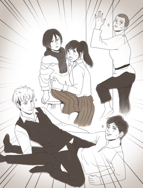 bear-tholdt:  I drew the squad! :-D(this could be a scene after the celebration and Levi wants to see if they actually went to bed and gets dissapointed.)Levi’s squad is indispensable. ♥ 