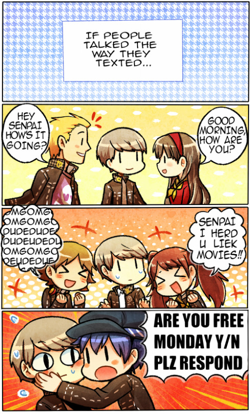 final-vent-card:  official-mitsuru-kirijo:  tsundyne-blog:  kanji texts like a sophisticated student  meanwhile we have yosuke the 13 year old girl   Naoto deserves special mention too  