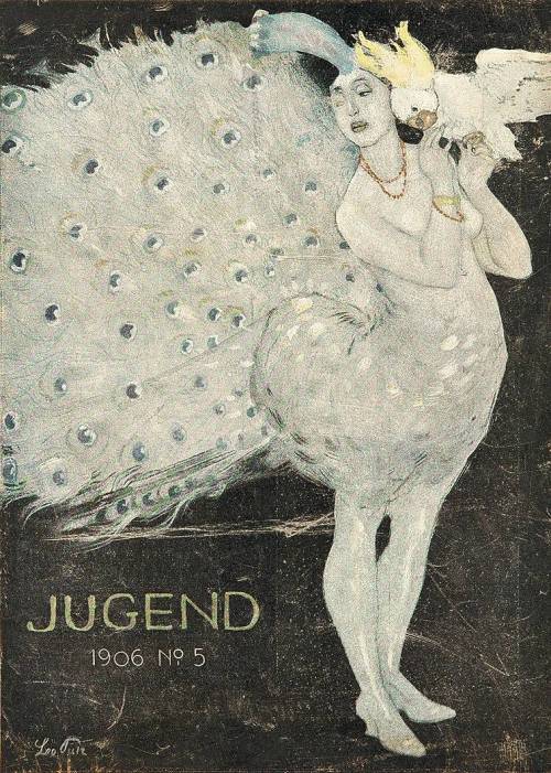 Leo Putz, cover of the magazine Jugend, “Pfauenweibchen” / Little peacock woman, 1906. Source