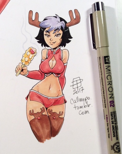 callmepo: Holiday Hottie tiny doodle of Gogo enjoying some South Korean street food - a potato hot dog.  Basically it is a corn dog but the hot dog is coated with deep fried potato bits. Sort of like a stuffed hash brown.  Ok. Now I want one…   [Come